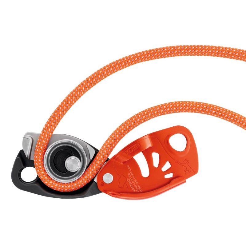 Asegurador con bloqueo asistido mediante leva optimizado para la escalada de primero. NEOX -Petzl