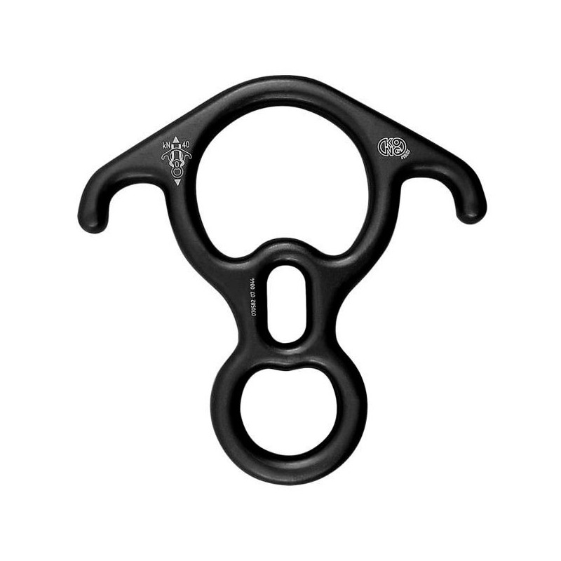 Descensor en forma de '8' con apéndices para el bloqueo de la cuerda y la creación de una llave de parada.